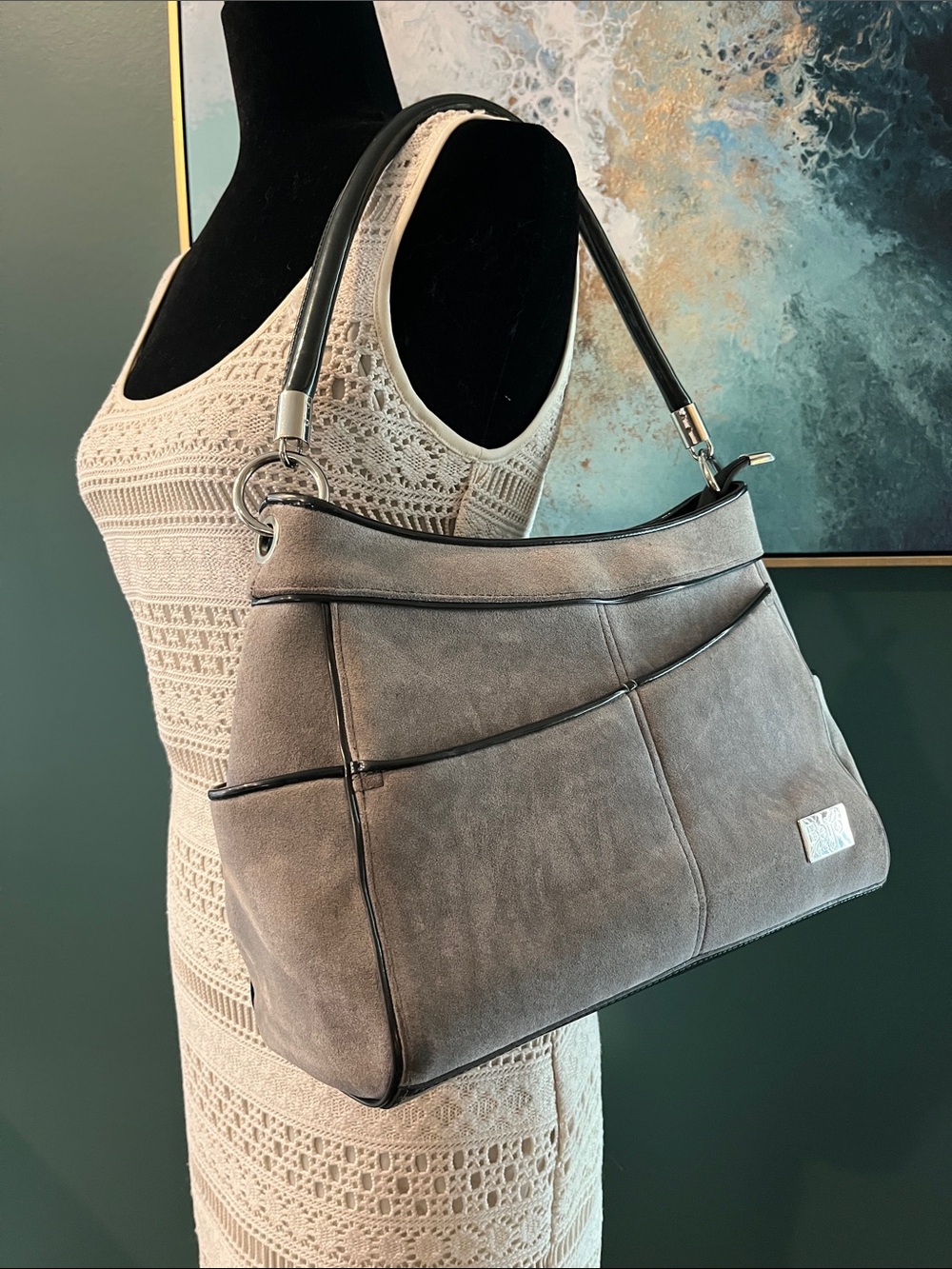 Beijo Gray Suede Shoulder Bag with Black Handle